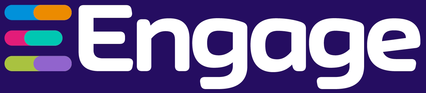 Engage logo, white text on branded purple background